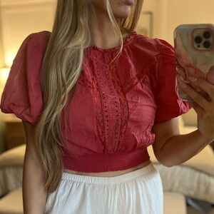 Chic Hot Pink Lace Puff Sleeve Cotton Crop Top